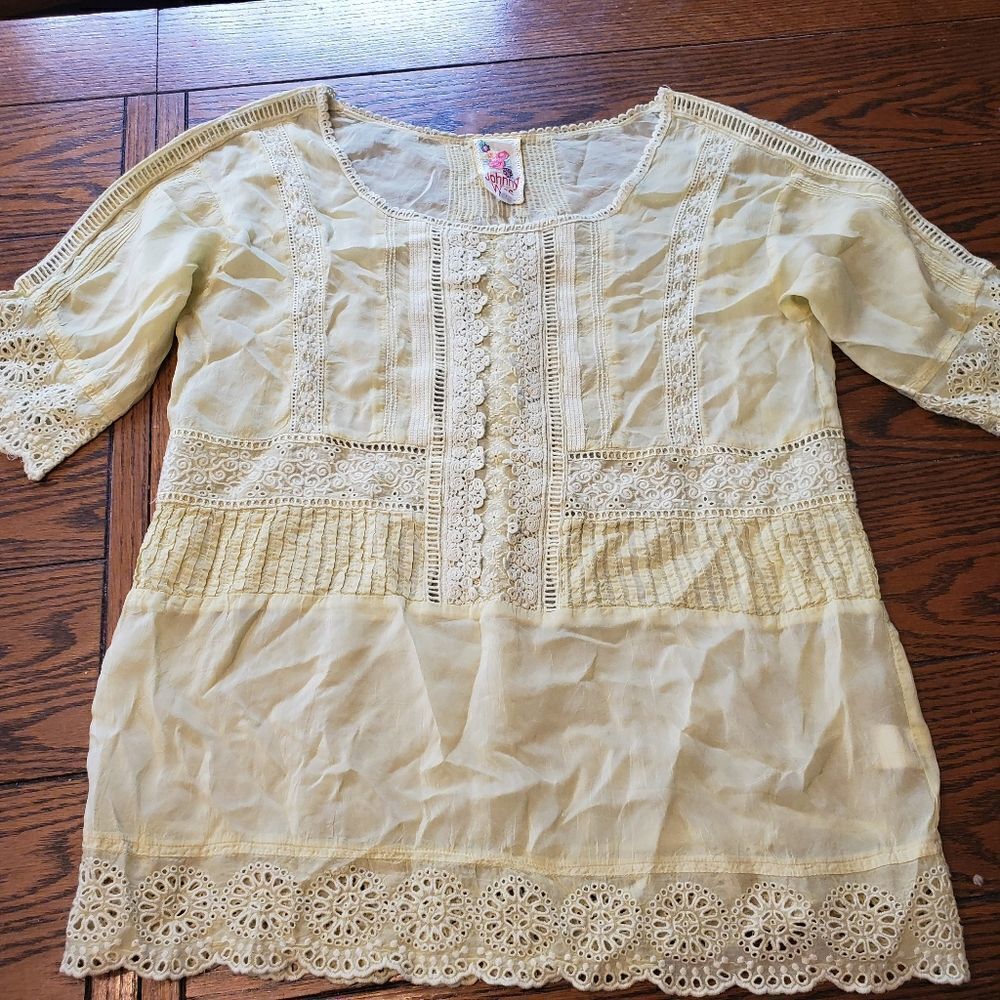 Johnny Was yellow eyelet panel blouse size  small
